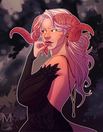 a pink tiefling with curling ram horns on either side of her head with long slightly curled white hair. The have yellow glowing eyes with no visible pupil and black sclera