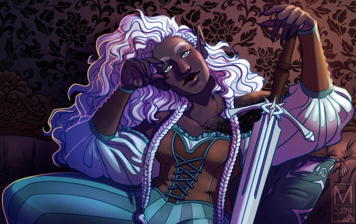 Nyxia lounging on a fancy couch with an expectant expression, they have coiled long white hair and a billowing shirt tucked into a brown corset and striped teal pants.