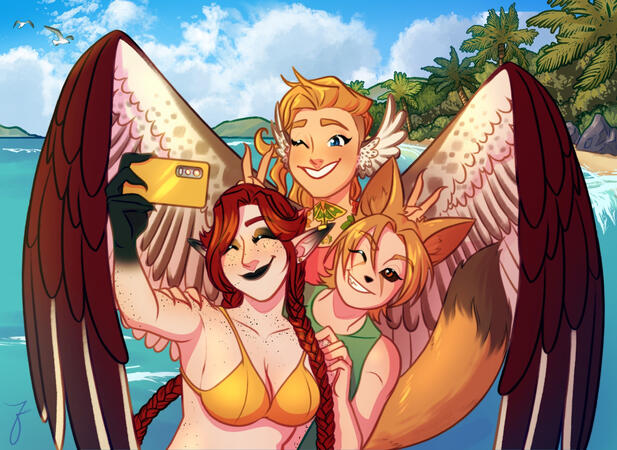 The stream sonas of the BCR crew posing for a picture on the beach. Koboldkurios (a red headed fey with their hair in long twin braids and a yellow bikini holding a phone up for a selfie as everyone crowds behind them), Foxxology (a fox/human hybrid with s
