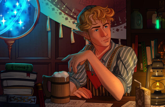 a cluttered work room of potion bottles and magic items, theoneazrai leans over a full stein while looking over to speak with someone out of frame